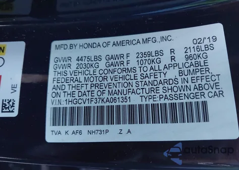 2019 Honda Accord Sport from USA, damaged, VIN 1HGCV1F37KA061351